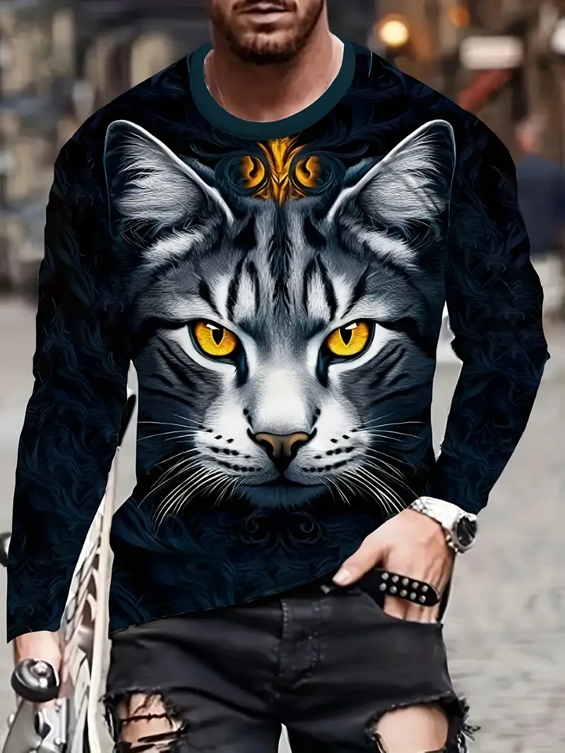 

Spring Autumn Cute Cat 3D Print Men O-Neck T-shirt Casual Fashion Long Sleeve Oversized T Shirts Fashion Tops Trend Men Clothing