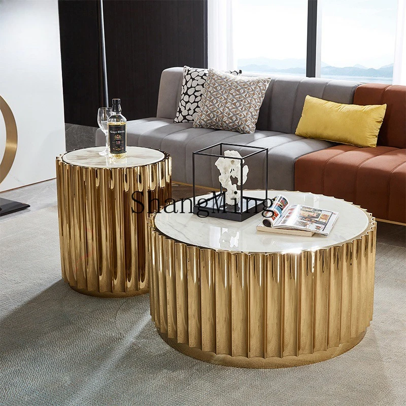 

CL light luxury coffee table marble round creative sofa edge stainless steel modern simple villa living room corner table