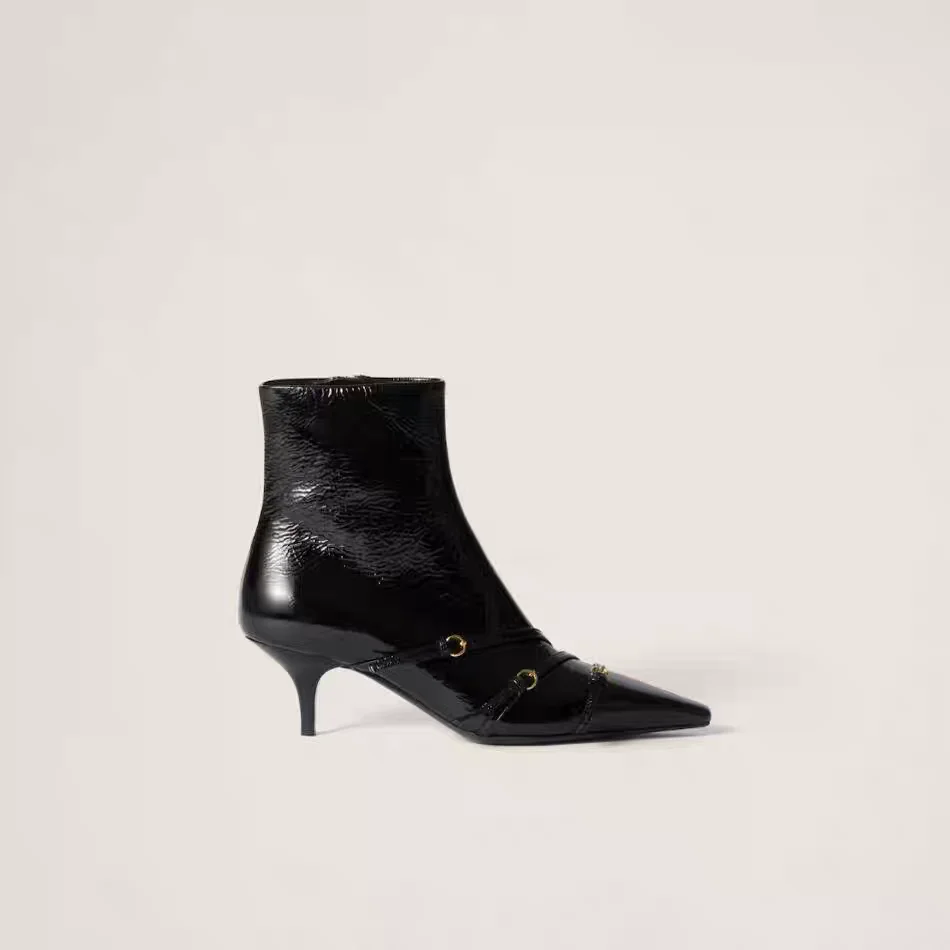 New Pointed, Thin Heel, High-Heeled Short Boots for Women, Black High-Heeled, Patent Leather, Side Zipper, Slim Boots Trend