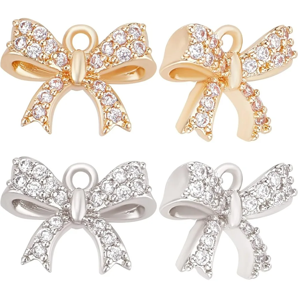 

1 коробка, 12 шт., золотые, серебряные подвески с бантом, крошечные подвески с бантом из кубического циркония, подвески с петлей для изготовления ювелирных изделий 13x10 мм