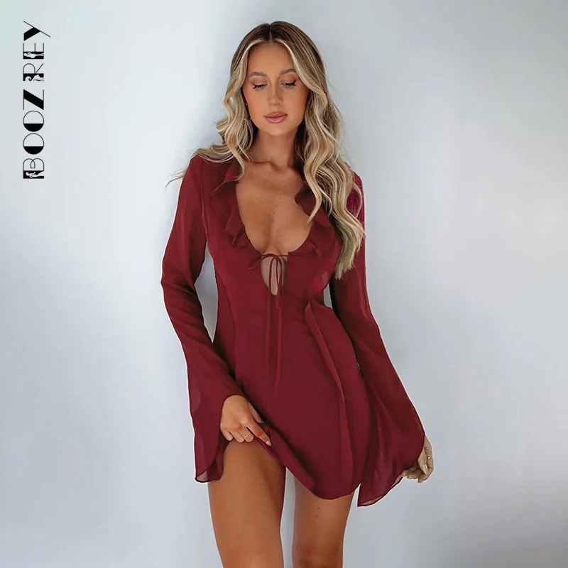 

BoozRey Ruffled Tulle Hollow Out Long Sleeve Mini Sexy Dresses 2023 Summer Women V-neck Backless Party Club Short Dress Outfits