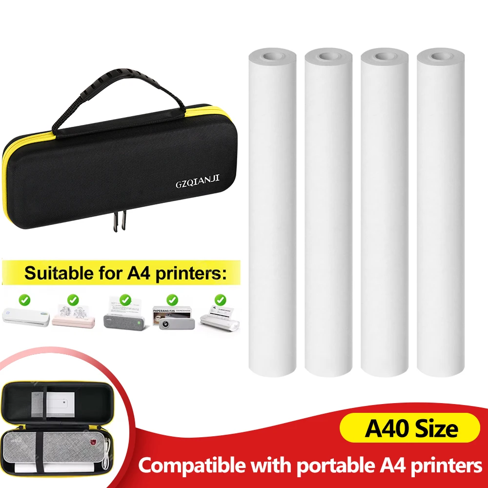 A4 Thermal Paper Rolls 210*30mm&Protective Case Anti Falling Carry Bag with Zipper for A40 Wireless Bluetooth Portable Printer
