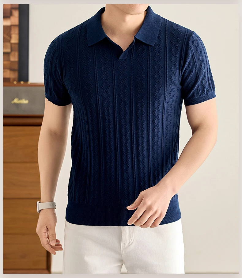 Luxuriöses, gestricktes 100% Baumwoll-Poloshirt für Herren, kurzärmelig, neu, Jacquard, weich, atmungsaktiv, modisch, hochwertig, einfarbig, lässiges T-Shirt. – Detail 12