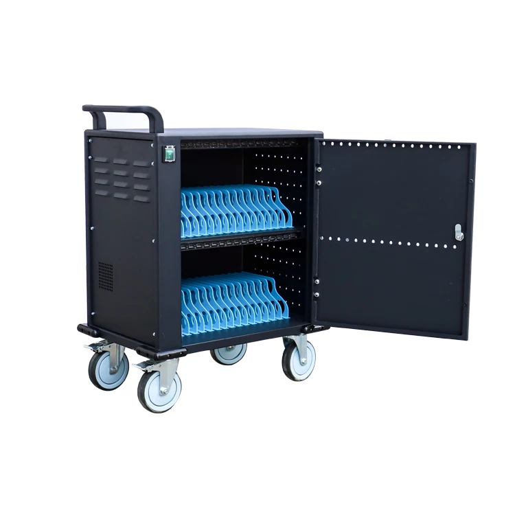 SPCC Cold Rolled Steel 32 ways USB Single Open Iron Door Two Tiers Display Storage Trolley Charging Cart