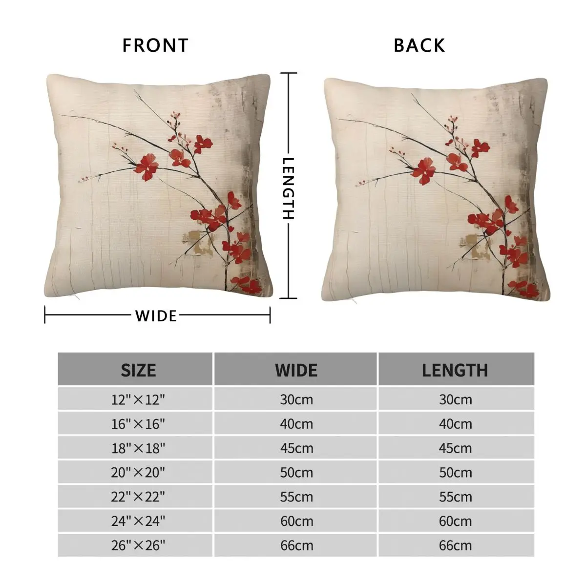 Japandi Wabi Sabi Red Blossoms Square Pillowcase Polyester Linen Velvet Printed Zip Decor Throw Pillow Case Car Cushion Cover