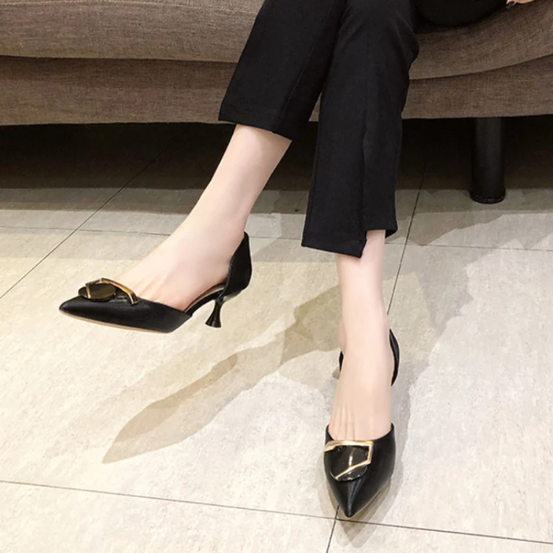 Pointed Toe Normal Leather Casual Yellow Black Shoes for Women 2024 Stilito Ladies Summer Footwear Office on Promotion Popular