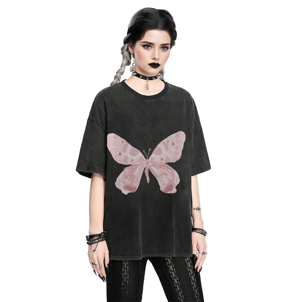 

Graphic Tees Pink Butterfly Tee 100% Cotton, High - Quality Oversize Washed Tee. Delicate Butterfly Print, Cute Y2K Vibe.