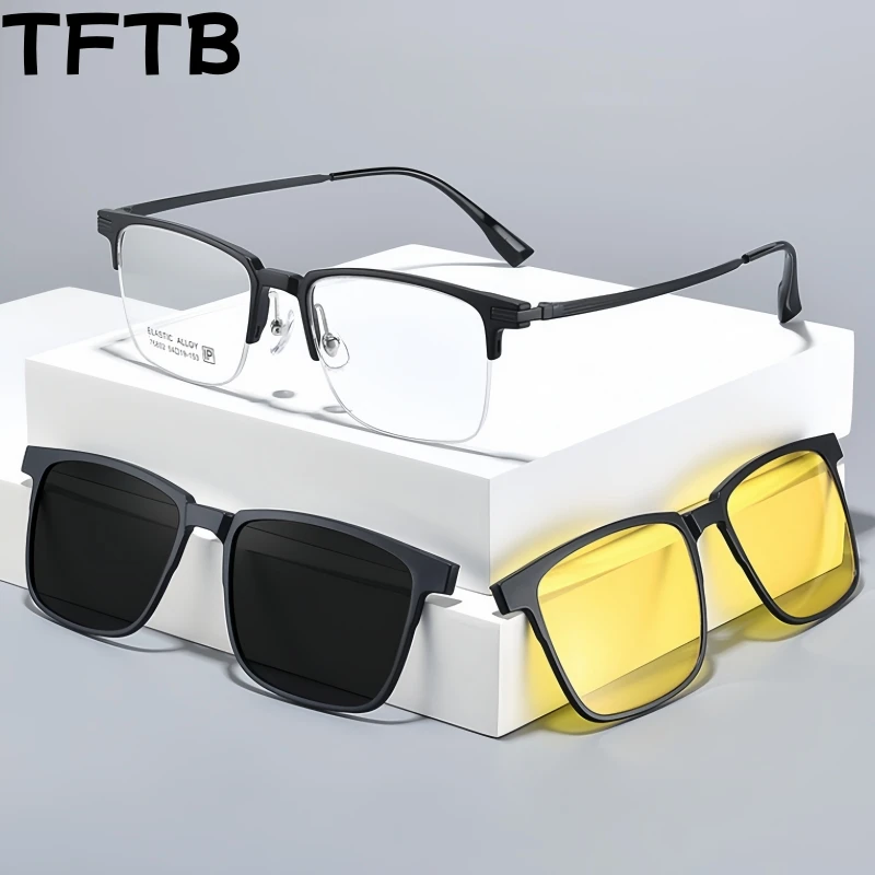 

TFTB Men's Polarized Magnetic Clip-on Half-frame Glasses Flexible TR90 Alloy Square Optical Prescription Eyeglasses Frame 76802