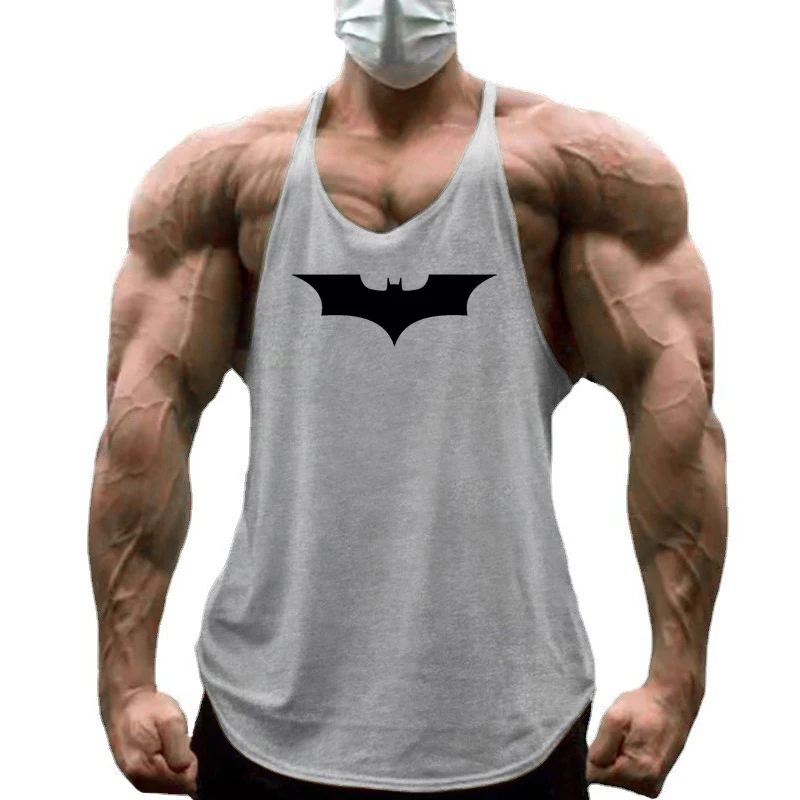 Black Bat Print Cotton Breathable Sport Tank Tops Mens Bodybuilding Sleeveless Y-Back T-shirts Gym Fitness Workout Muscle Vests