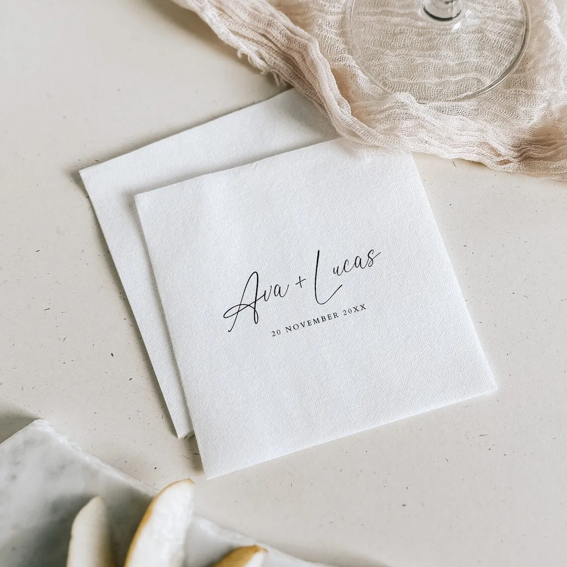 Elegant Wedding Cocktail Napkin Template, Personalized Printable Luncheon Napkin, Minimal DIY Wedding Reception Decor, Editable