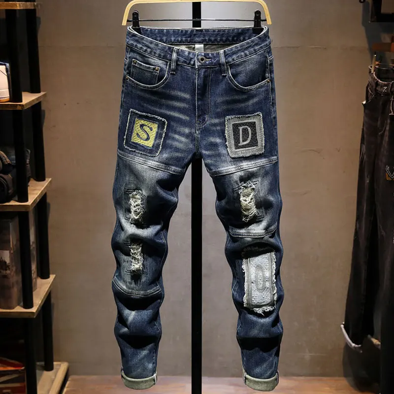 

Street Designer Fashion Men Jeans Retro Blue Stretch Slim Fit Embroidery Patched Ripped Jeans Men Y2K Hip Hop Denim Pants Hombre