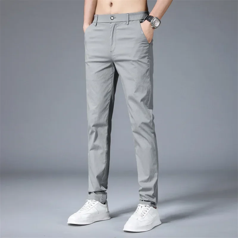 2025 pantalones casuales de verano para hombre, pantalones finos elásticos ajustados con cintura elástica de algodón, pantalones coreanos clásicos de negocios para hombre, color caqui y gris 28-38