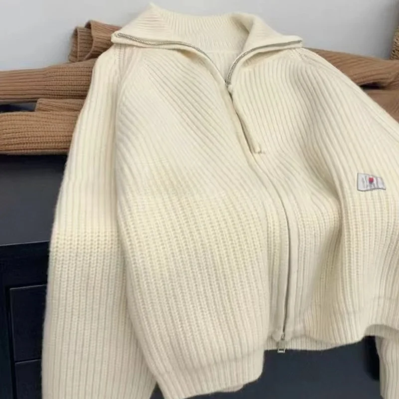 

Вязаный свитер с двойной молнией, женский весенне-осенний вязаный свитер с меховым воротником в виде медведя, повседневный длинный свек, высокий воротник, стандартный крой