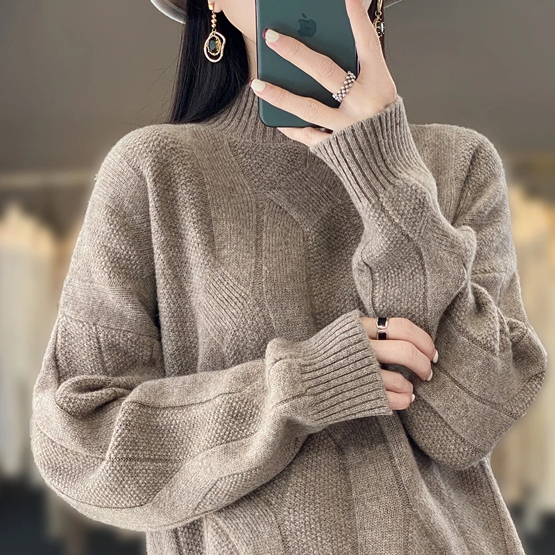 Korean Thickened Semi-turtleneck Sweater For Women 100% Merino Wool Long-sleeved Knit Top Autumn Winter Fashion Twist Sweater