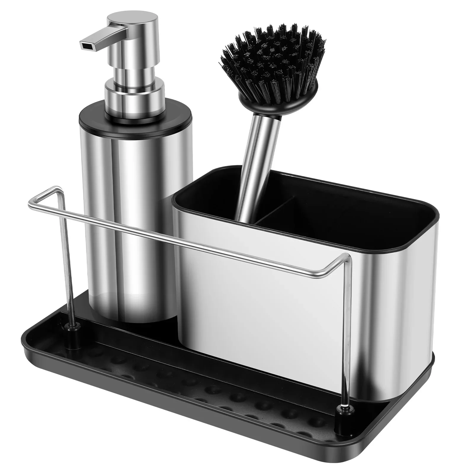 

3 in1 Soap Dispenser Pump Set with Brush Sponge Holder Towel Bar Kitchen Sink Detergent Dispenser Cleaning Tool Storage