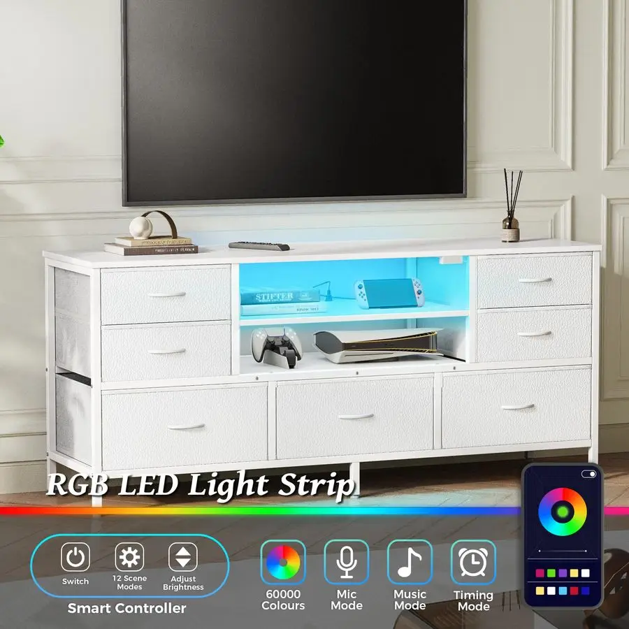 Dresser for Bedroom With Power Outlets and LED Lights, 7 Drawers TV Stand for 55 Inch TV, 47 Inches TV Console With Open Shelf,