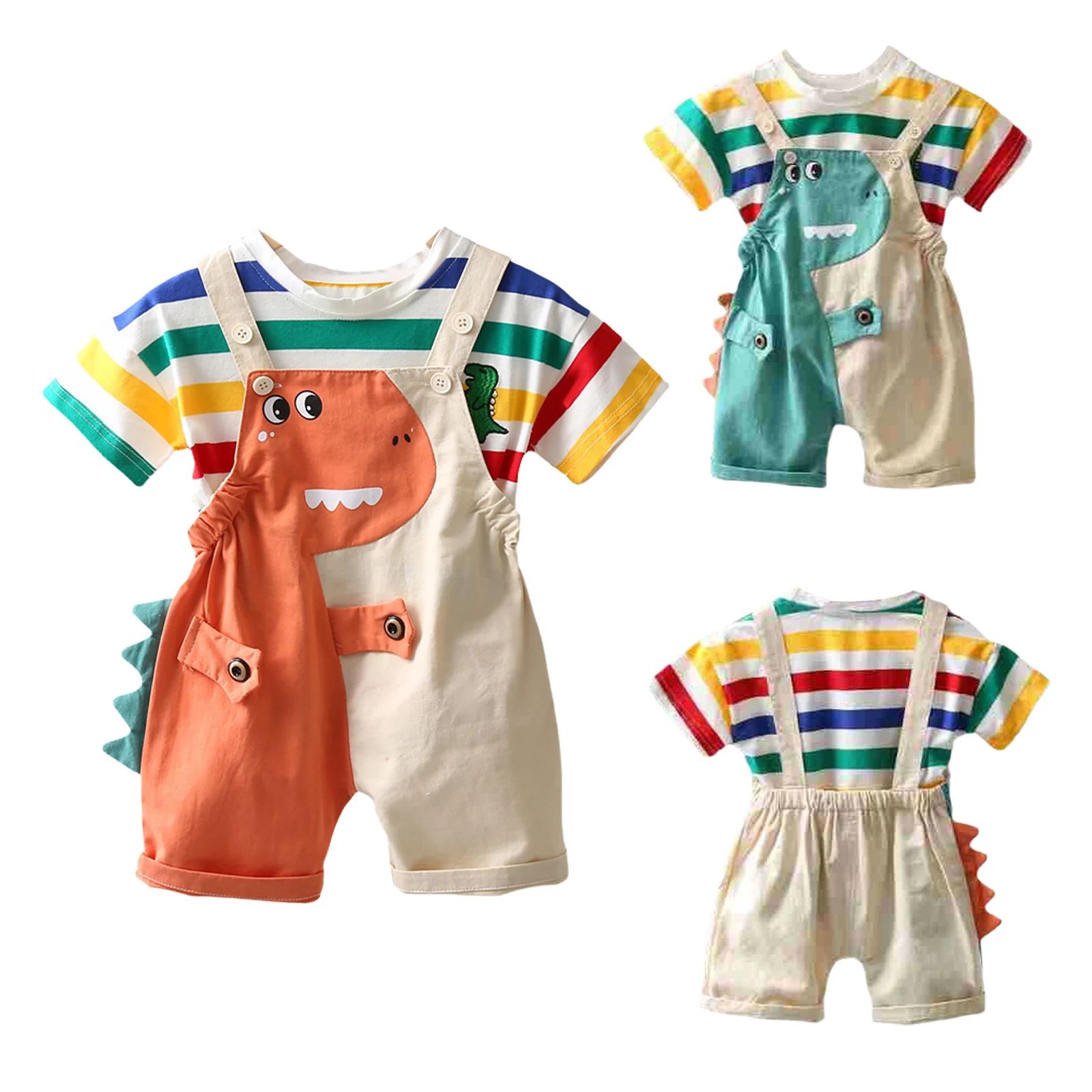 

Baby Boys Girls Summer Clothes Two-pieces Outfits Short Sleeve Striped Tops with Dinosaur Suspender Trousers School Daily Wear