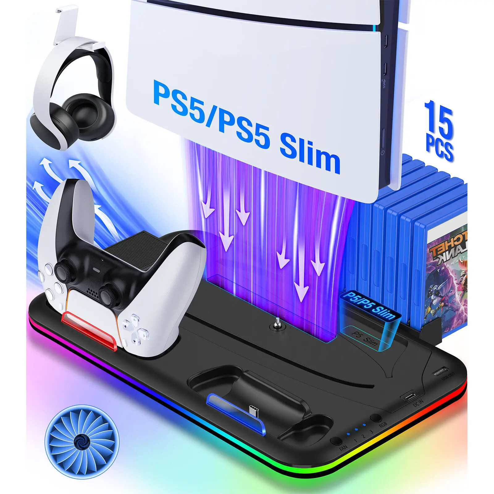 

DinoFire S2000 для PS5 Slim Вертикальная подставка Станция охлаждающего вентилятора для Playstation 5/Slim Console