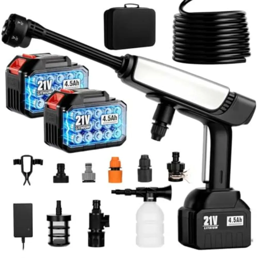 

Cordless Pressure Washer for Car Home Garden Patio: 21V Battery Powered Black Portable with 2x4.5Ah Batteries 6-in-1 Nozzle Dua