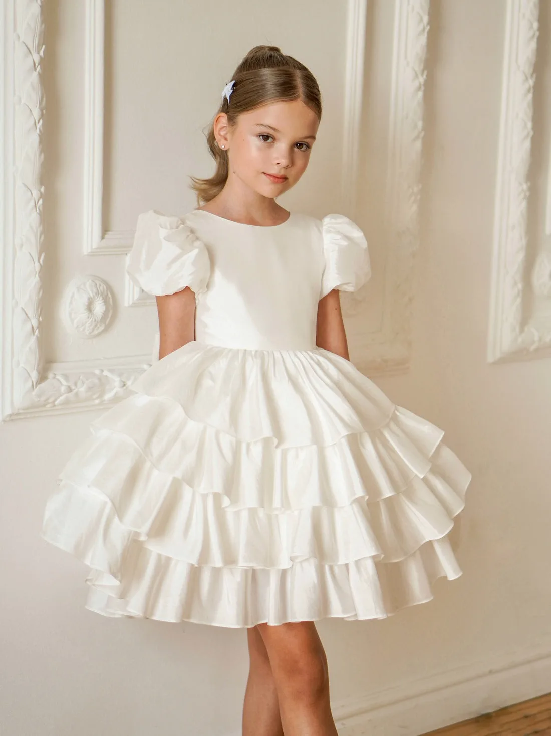 White First Communion Dress For Girls Puff Sleeves Multi-layered Lotus Leaf Flower Girl Skirt A-line Short Princess Tutu Skirt