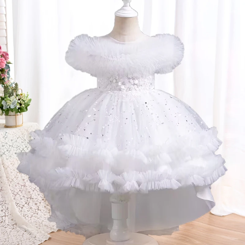 Summer Tulle Princess girl dress Birthday Party trailing Sleeveless Kids Wedding Evening pearl mesh Dresses 4-12Y