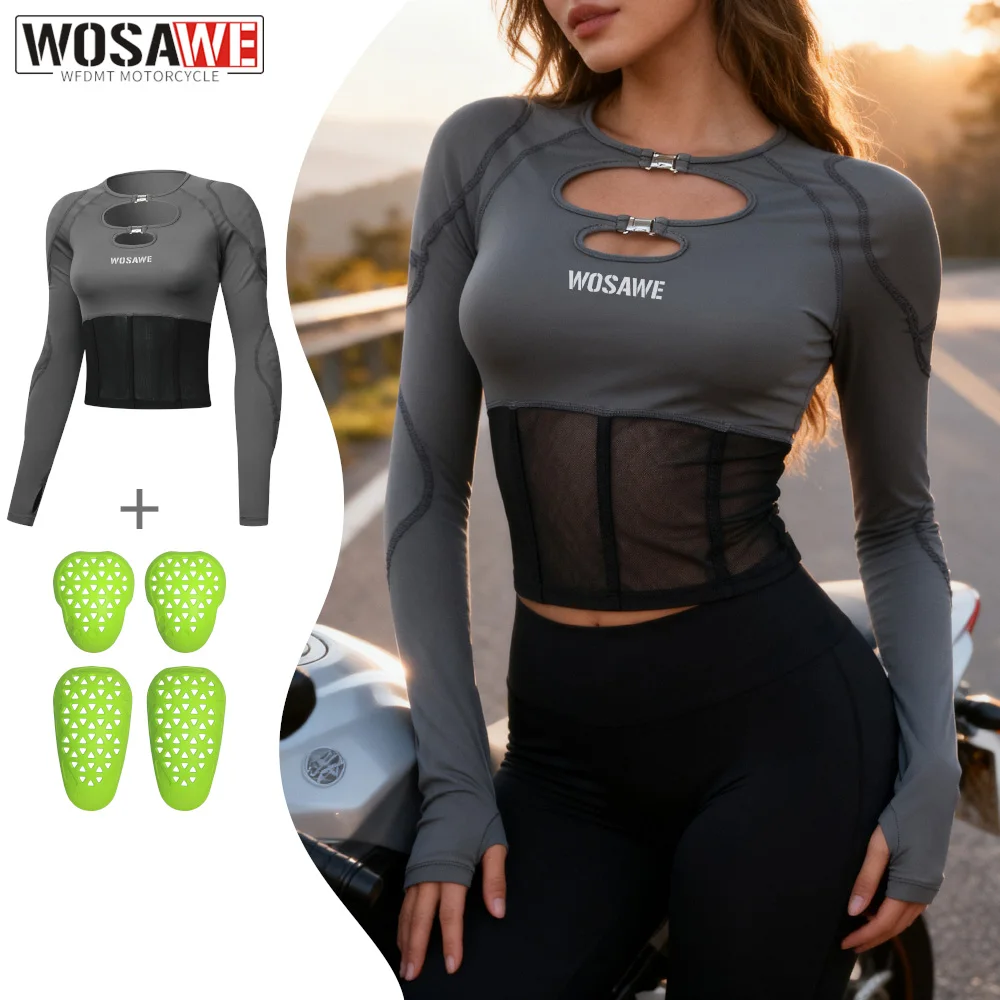

WOSAWE Women Motorcycle Jacket Removable Pads Tee Shirts Summer Sexy Black Hollow Out Mesh T-Shirt Breathable Motocross Crop Top