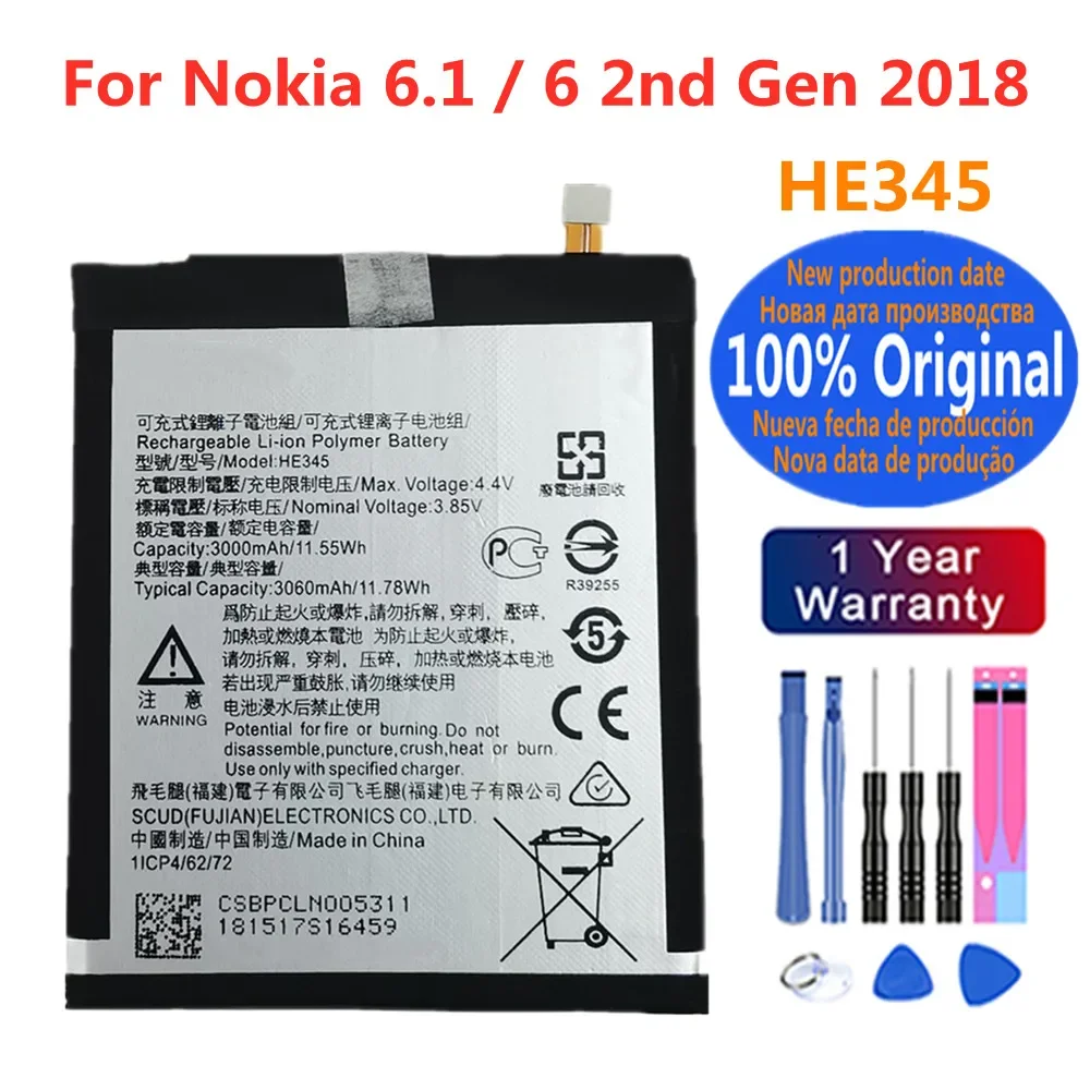 3060mAh HE345 100% Original Phone Battery For Nokia 6.1 / 6 2nd Gen 2018 HE353 HE344 TA-1054 TA-1043 TA-1050 TA-1068 Battery