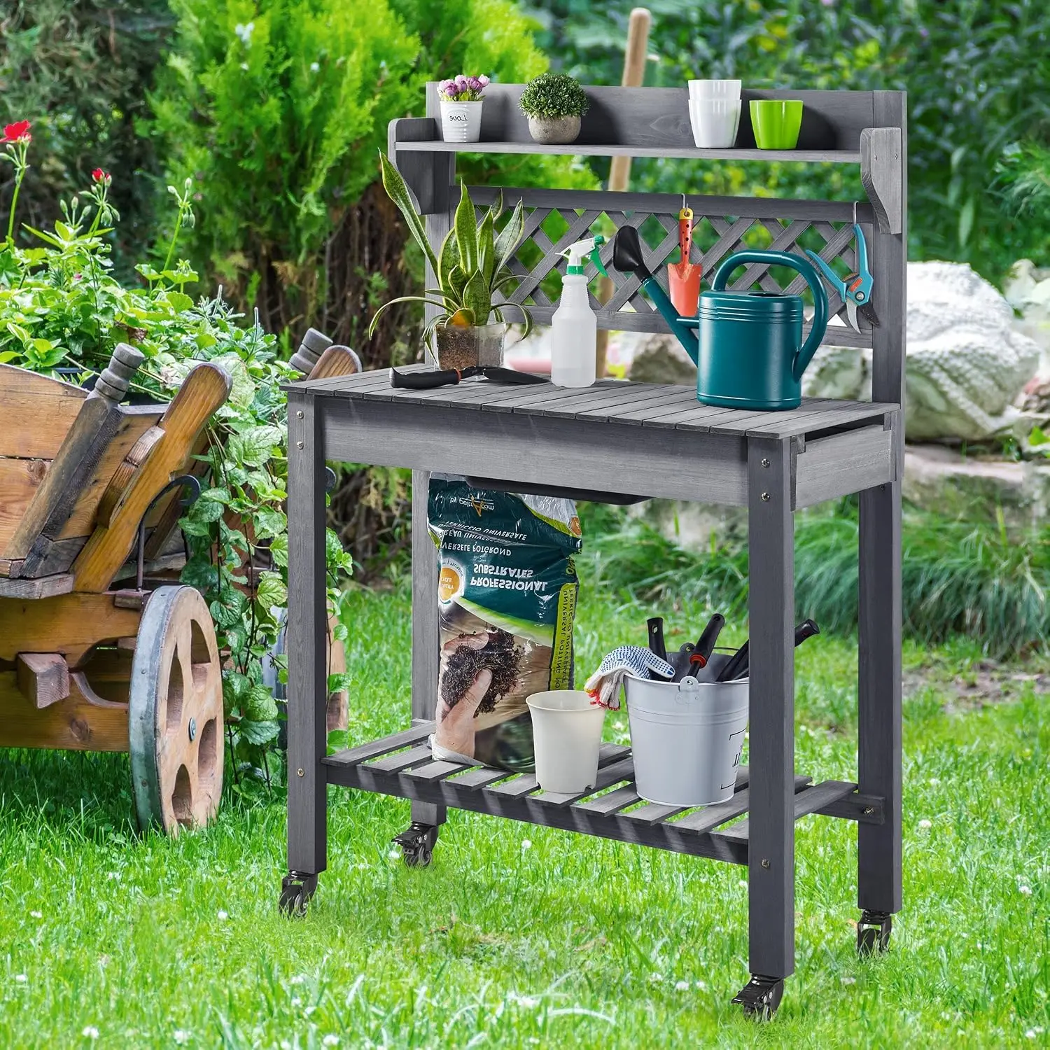 Outdoor Potting Bench with Sink, Garden Table, Lower Shelf,Gray, Customized