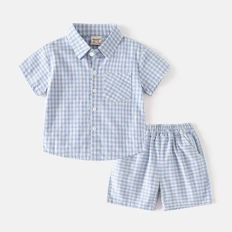 2PCS Summer Kids Boys Plaid Set Turn Down Collar Boys Polo Style Short Sleeve T-shirt + Shorts Children Polo Tee Outfit