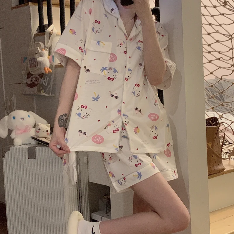 Sanrio New Hello Kitty Silk Pajamas Women's Cute Cartoon Casual and Comfortable Cool Breathable Lightweight Home Women's Pajamas