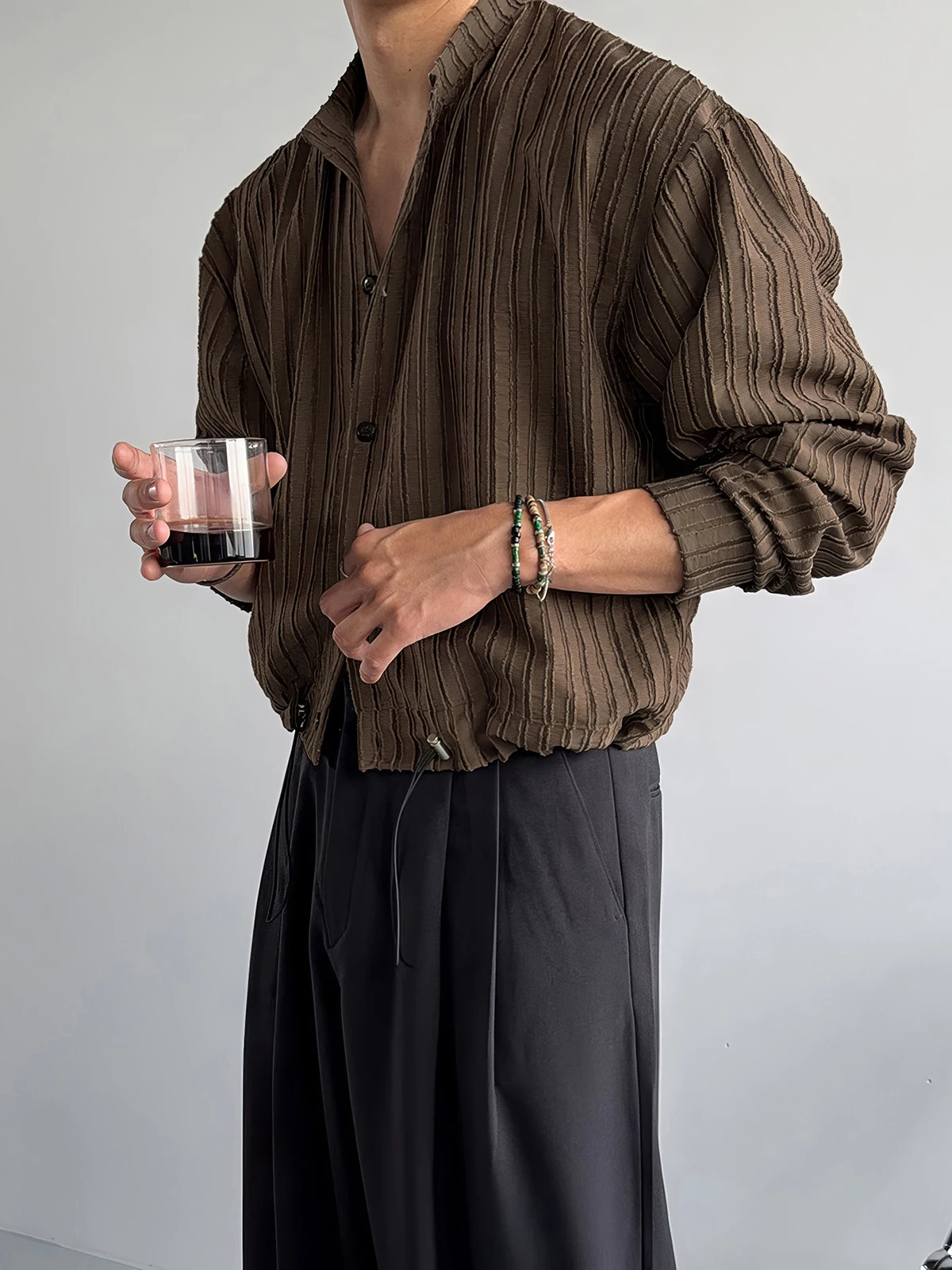 Brown Vertical Striped Long Sleeve Men's Shirt Spring Autumn Drawstring Short Style Korean Texture Casual Retro Top