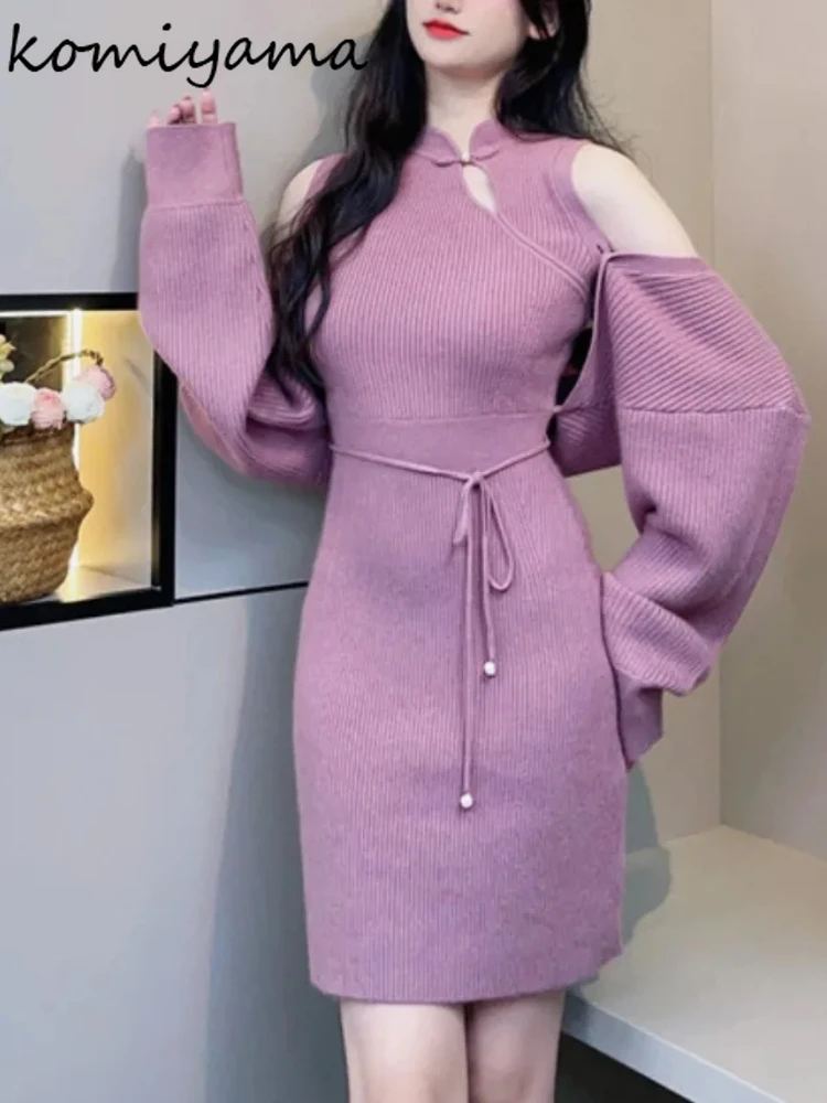 

Off Shoulder Knit Vestidos Mujer Japanese Long Sleeve Vestido Lace Up Tunic Dress Disc Button Ropa Mujer Fall Dresses Women