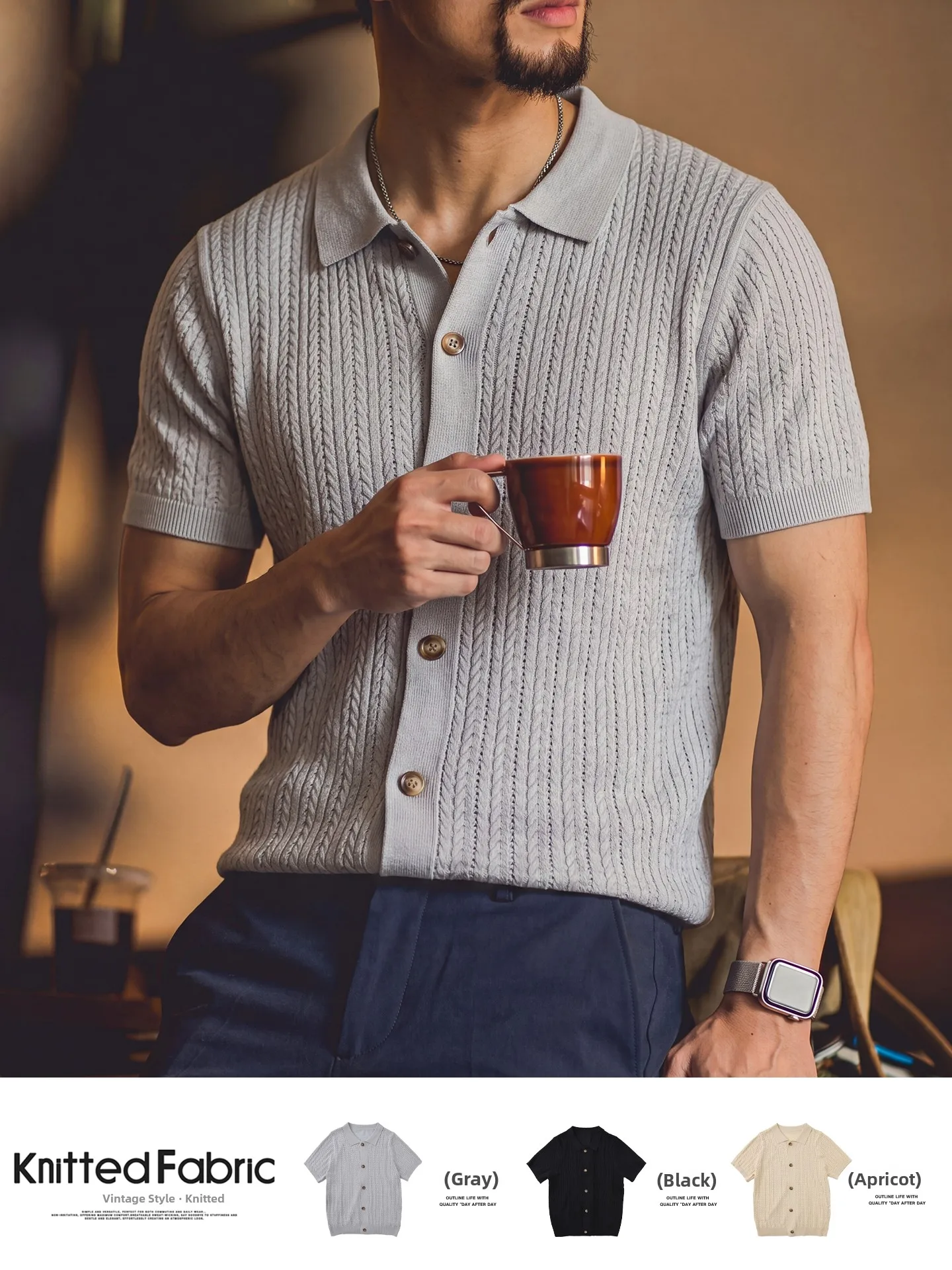 Men's Summer Lightweight Knitted  Shirt Casual Breathable Short Sleeve Open Cardigan Vintage Commute Leisure Top