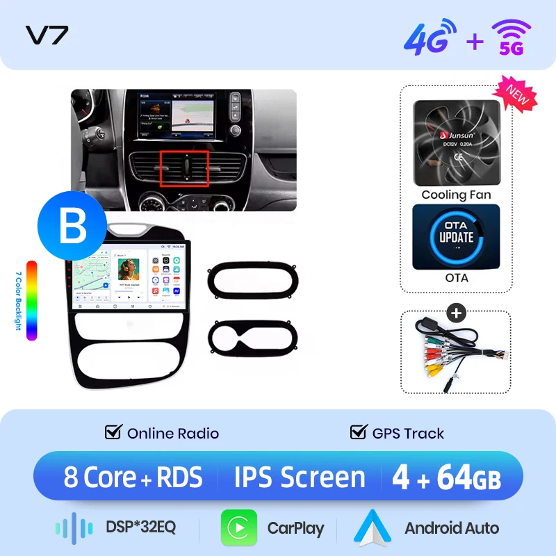 Junsun draadloze CarPlay Android Auto autoradio voor Renault Clio 4 / ZOE (Phase 1 / X98) 2012-2019 met ingebouwde koelventilator, Android GPS navigatie, multimediaspeler, WiFi, DSP, RDS, BT, SWC, IPS