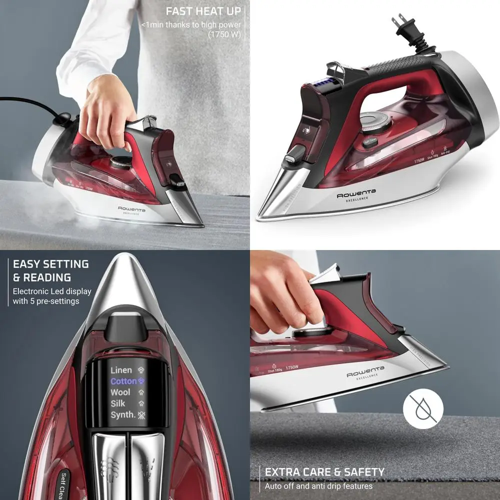 

Паровой утюг из нержавеющей стали с выдвижным шнуром, 400 микропаровых отверстий, мощность 1750 Вт, LED-дисплей, красный