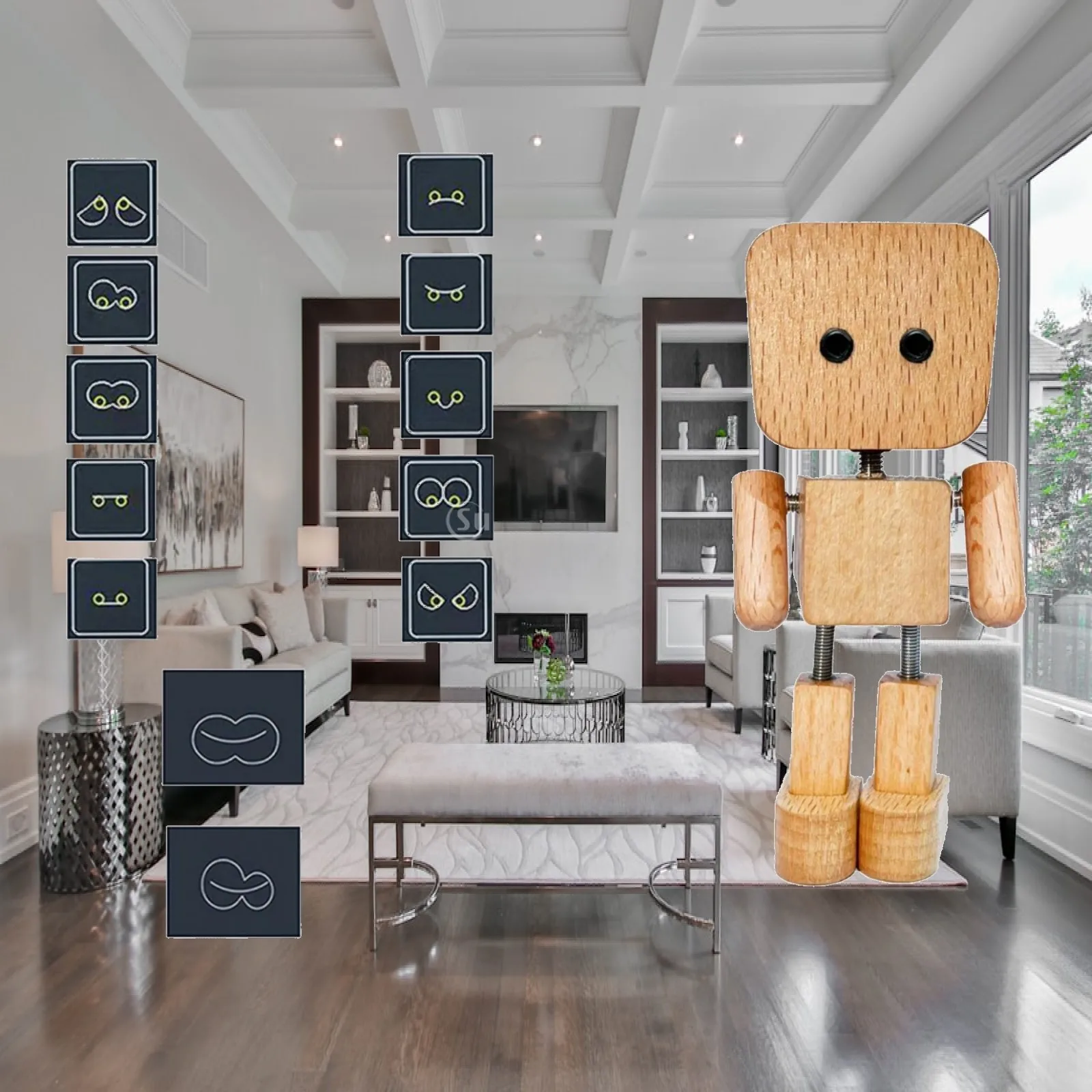Standing Wood Robot Statue Beech Finish with Spring Joints Playful Decor Figurine for Vehicle Dash Desk or Bookshelf