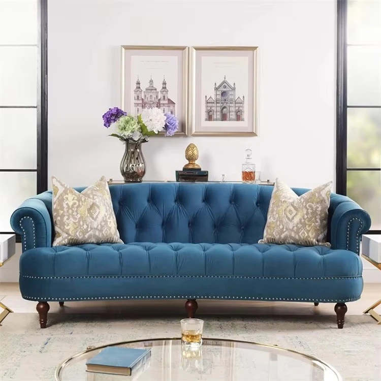 * Customized Beauty Salon Lobby Furniture Blue Velvet Tufted Long Sofa Nordic Lounge Salon Couch