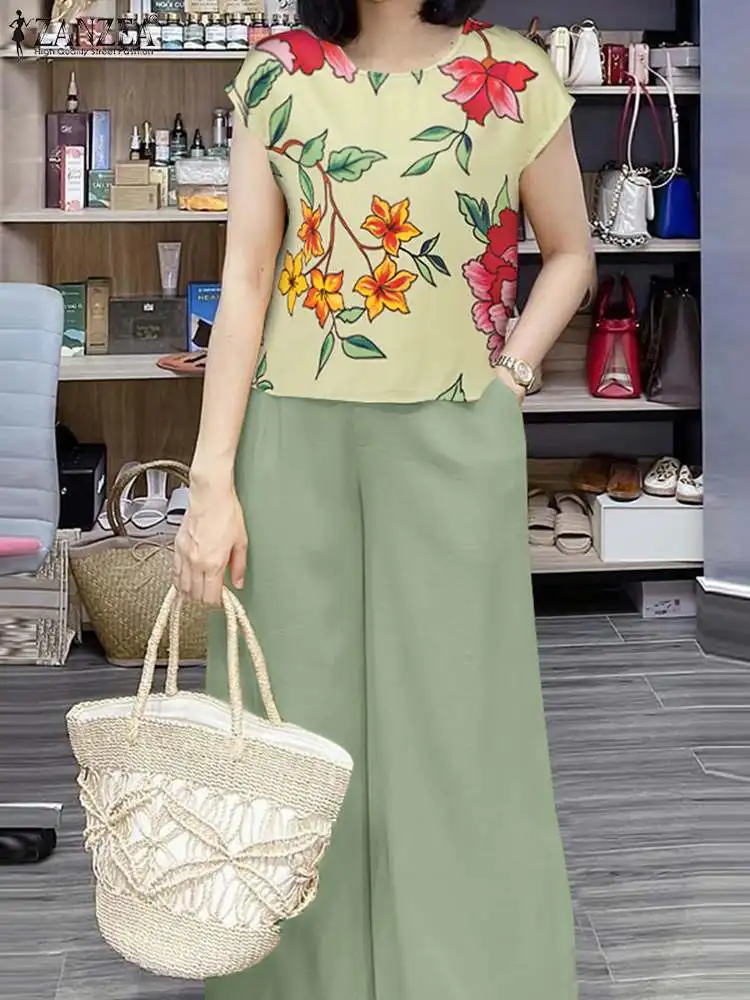 ZANZEA Floral Print Short Sleeve Top 2024 Summer Pant Sets Holiday Solid Wide Leg Trouser Loose Casual 2pcs Outfits Women Suits