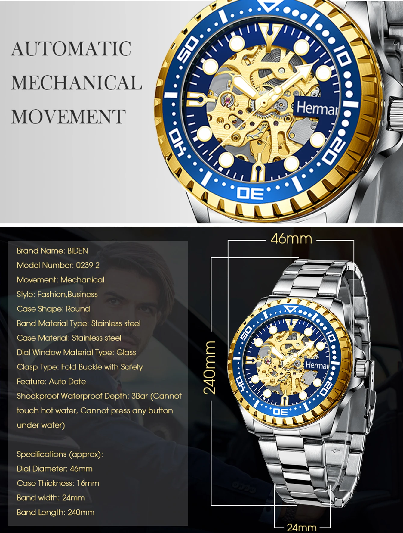 BIDEN-Montre mécanique étanche pour homme, bracelet en acier inoxydable, horloge de style professionnel, veilleuse de précision, marque de luxe