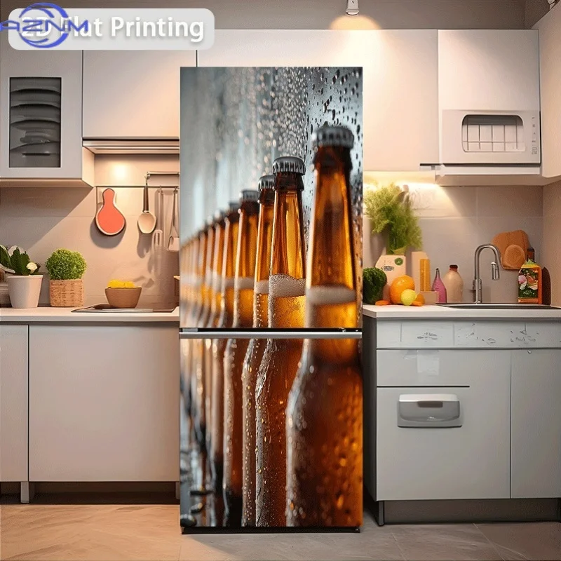 of Refrigerator Sticker Measuring 60X180 Cm Featuring a Row of Chilled Beer Bottles, Suitable for Cabinet And Wardrobe Decorat