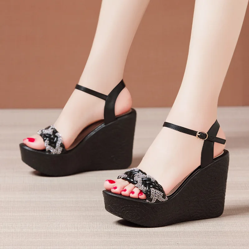 High quality summer wedge sandals for women 10cm high heel new 2024 size 32 33 42 43 platform open toe elegant shoe black white