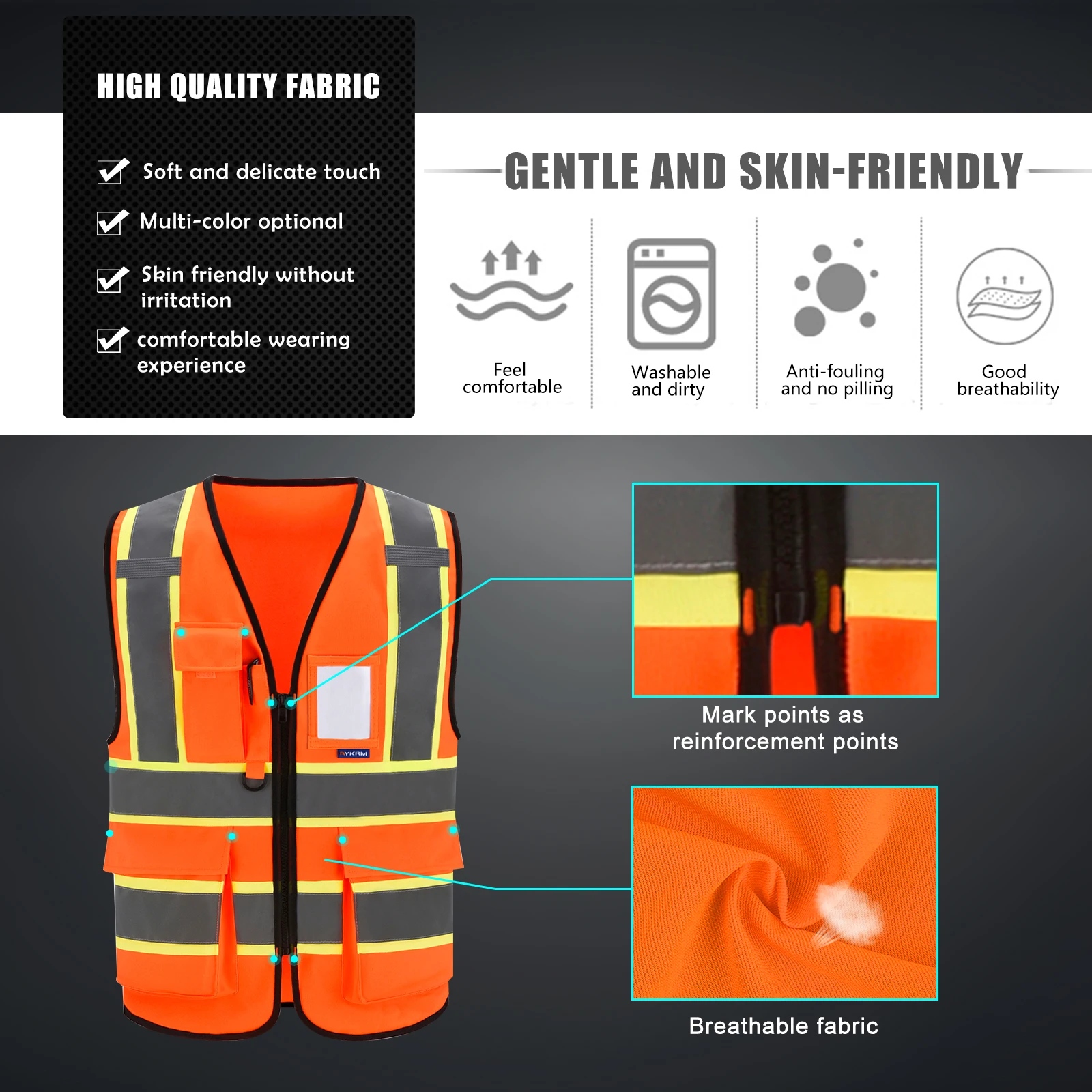 AYKRM High Visibility Safety Vest with Pockets Reflective Strips and Zipper,Yellow Orange(XS-6XL)