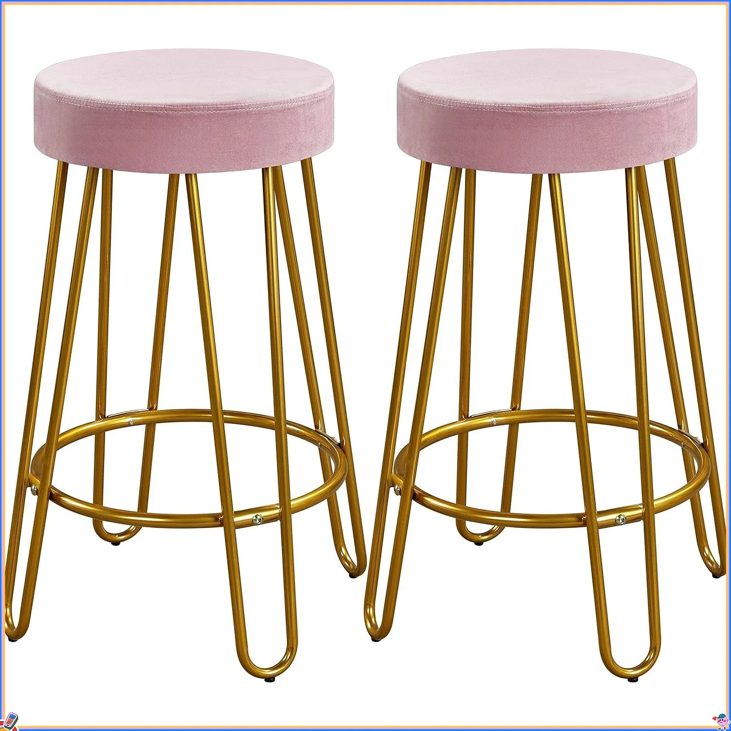 バースツール 2 個セット、ベルベットラウンドカウンタースツール、背もたれのないカウンターハイトバーチェア、ゴールデンレッグ付き