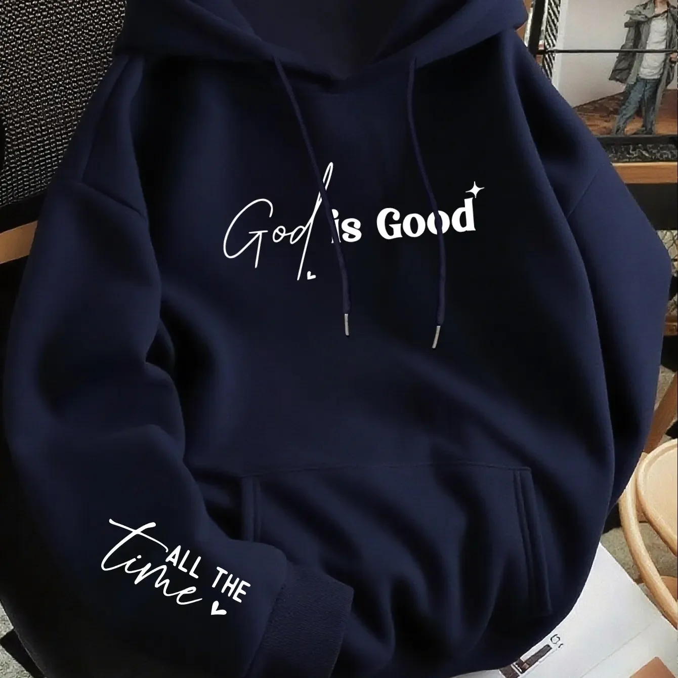 Minimal God Is Good Dual Script Graphic Hoodie Women Faith Casual Loose Hooded Sweatshirt