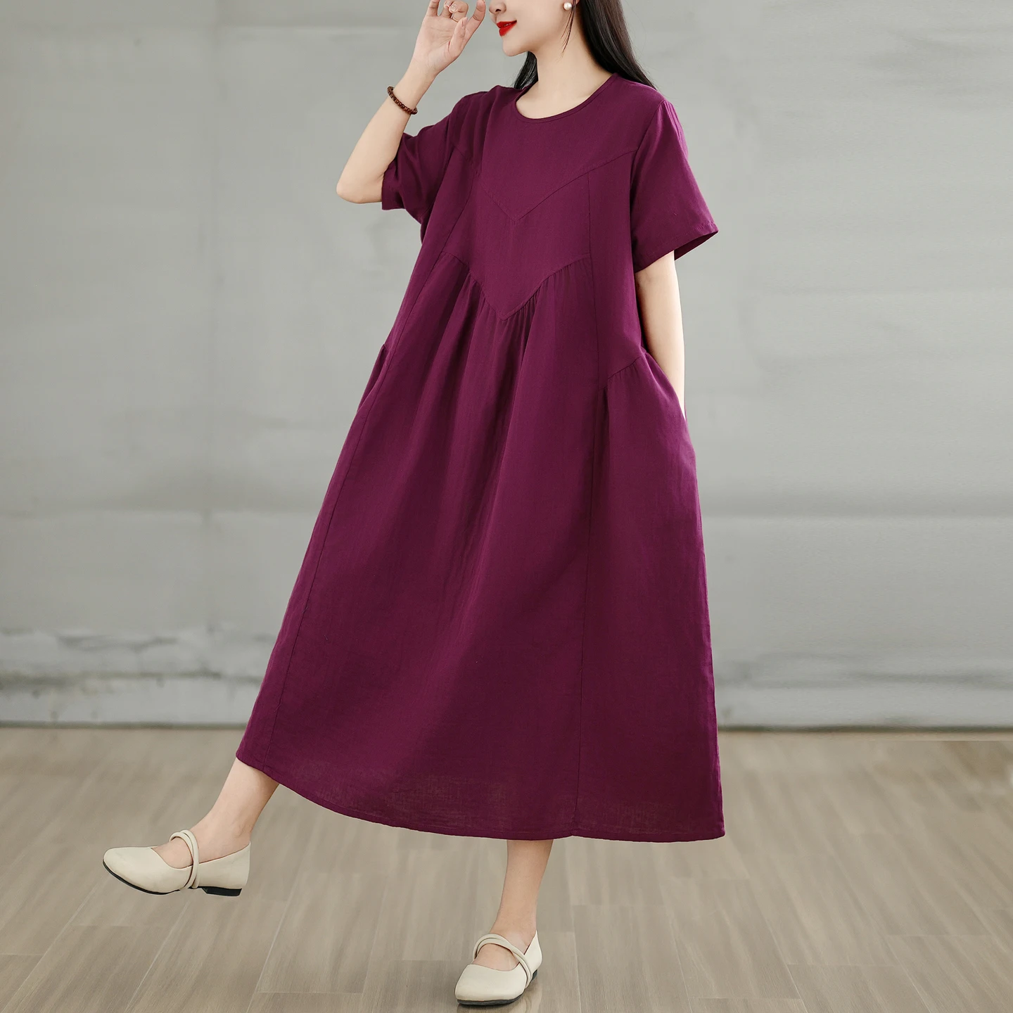 

Retro Cotton round Neck Short Sleeve Dress Women Loose plus Size Slimming A-Line Skirt Dress City Walk High Waist Spring Summer
