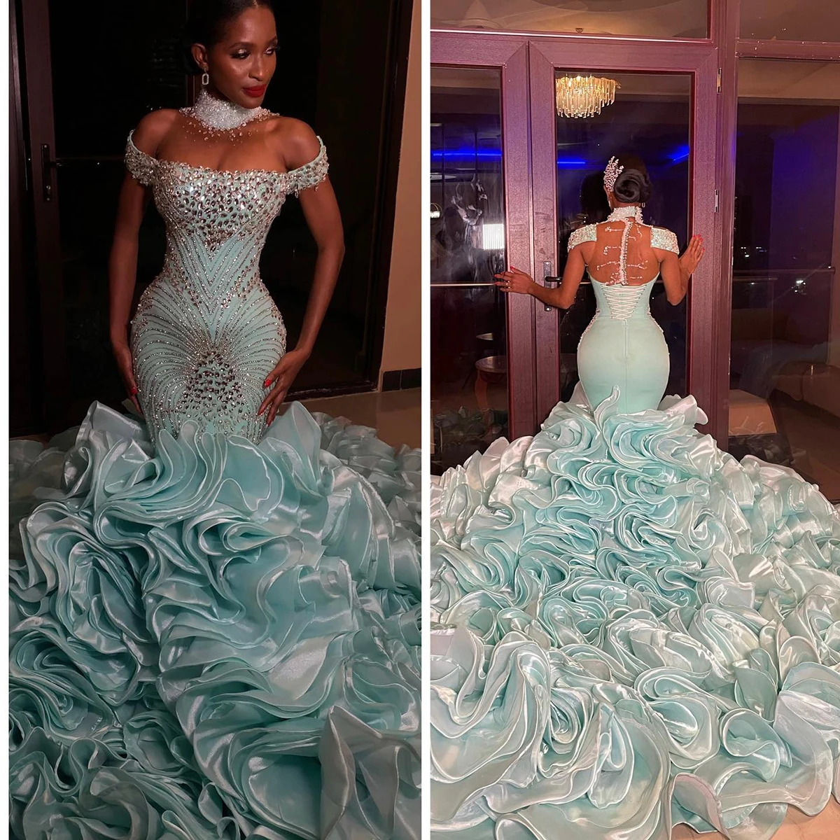 Luxury Evening Dresses Off Shoulder Formal Prom Dress Beading Crystal Sweep Train Robes De Soirée Custom Made Custom Made