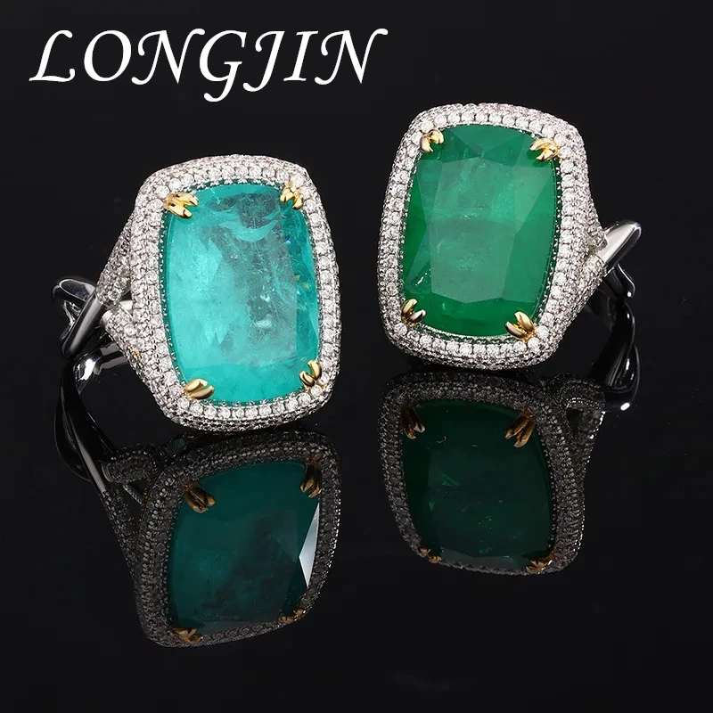 LONGJIN Charms Claw Inlaid 13x18cm Rectangle Paraba Cut 5A+ Quality High Carbon Diamond Emerald Adjustable Ring Women Jewelry