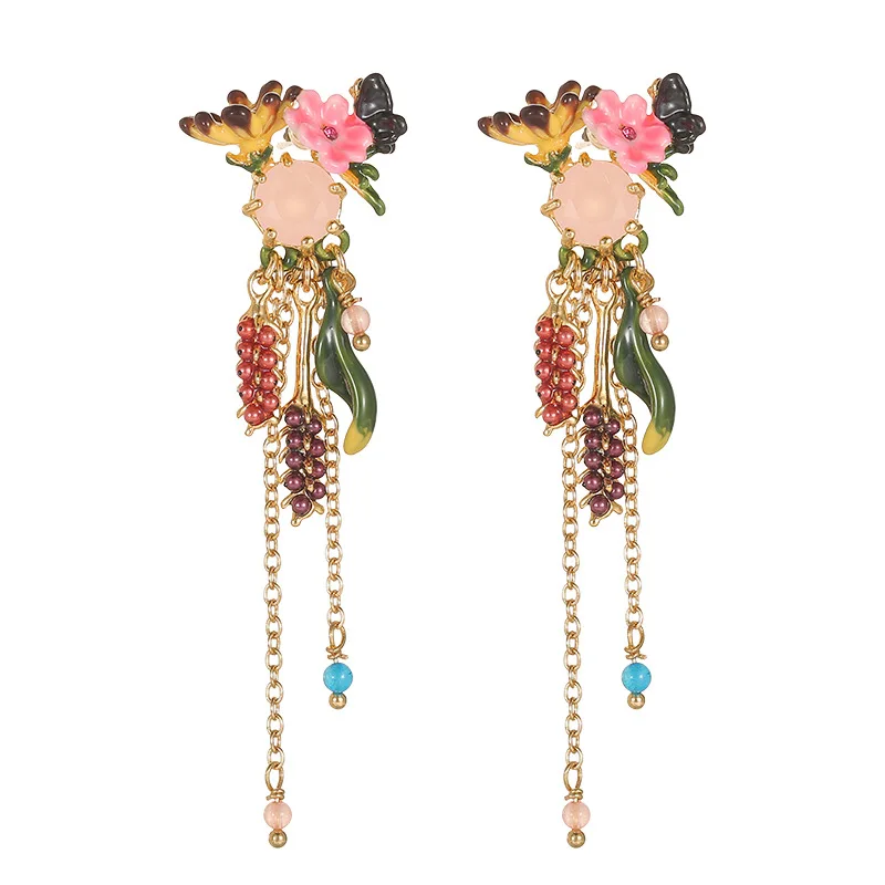 Fashion Enamel Yellow Pink Flower Pearl Pendant Long Tassel Earrings Retro Luxury New Butterfly Charm Green Leaf Dangles Jewelry