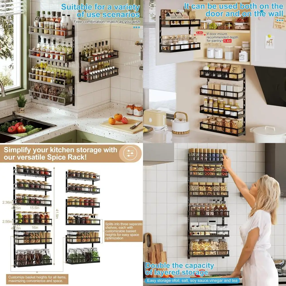 

Настенная 6-ярусная подставка для специй X-cosrack с корзинами разных размеров, регулируемая по высоте подвесная полка для специй или кухонных принадлежностей