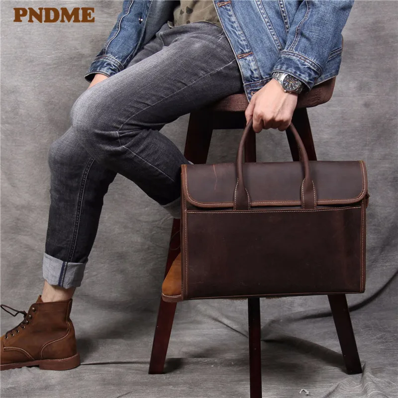 PNDME Designer Handmade Genuine Leather Men\'s Briefcase Simple Retro Luxury Crazy Horse Cowhide Business Computer Bag Handbags